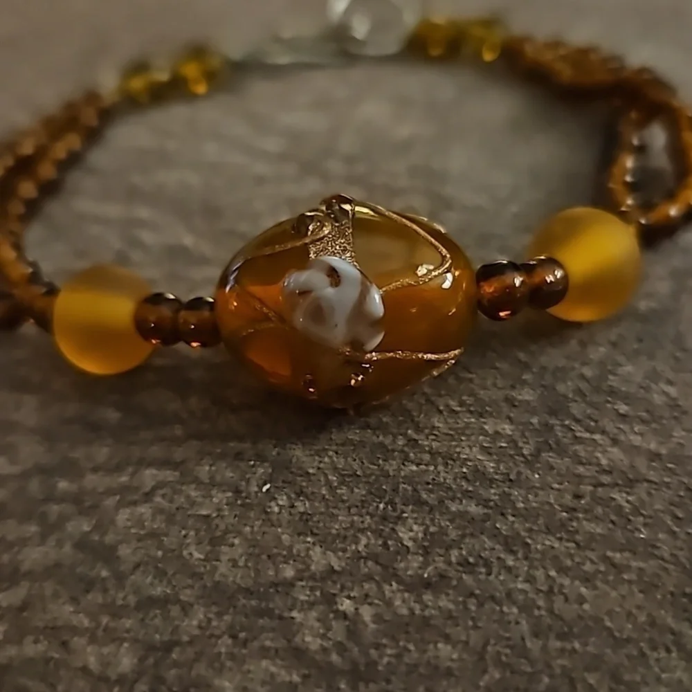 3/$30 HANDMADE Amber Glass Lampwork Focal Beaded Tennis Bracelet
